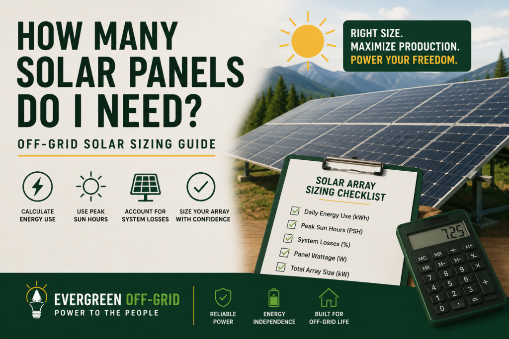 Infographic about sizing off-grid solar panels; large headline and a solar array with a checklist.
