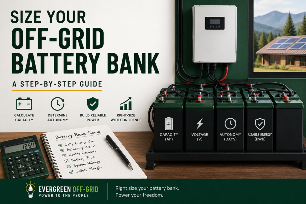 Infographic-style banner about sizing an off-grid battery bank, with labeled battery blocks, a notebook, and a calculator on a desk at left.