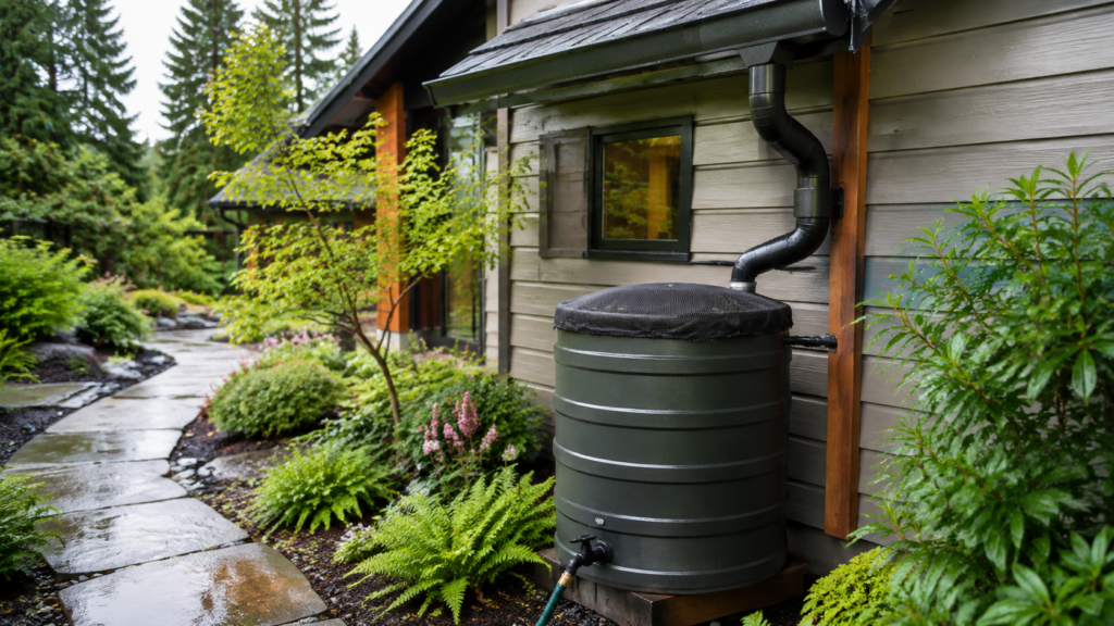 Residential rainwater collection barrel connected to a home gutter and downspout