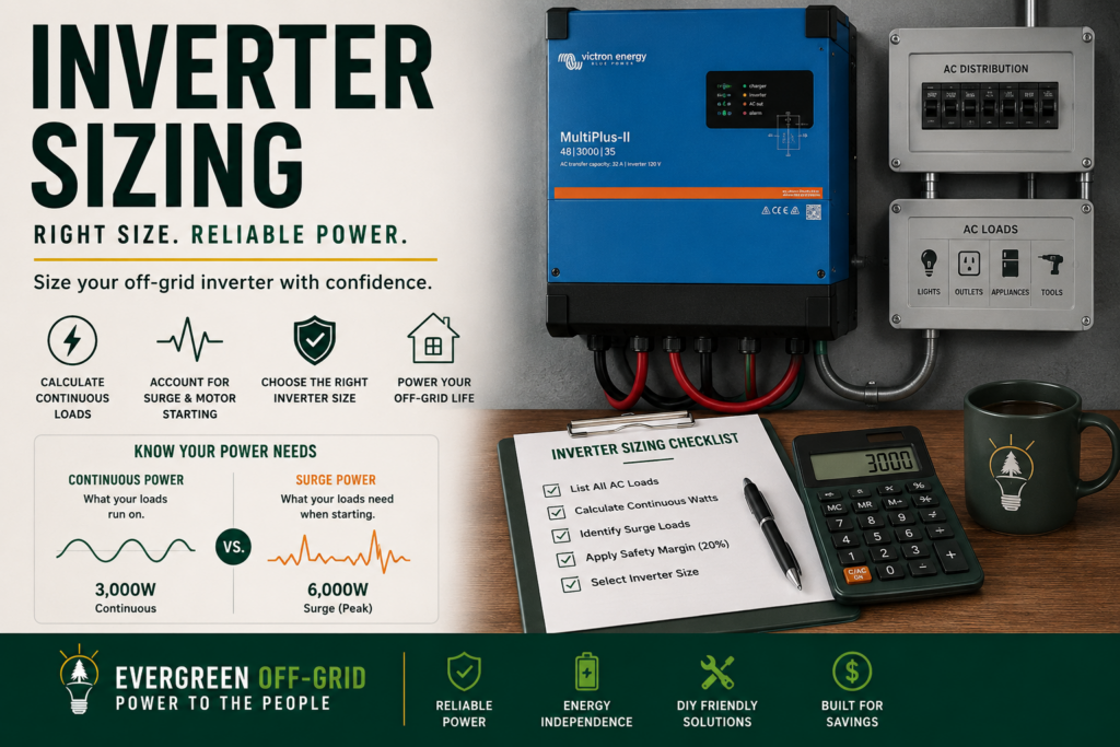 Infographic about inverter sizing: large 'INVERTER SIZING' headline with icons for calculating continuous loads, surge power, choosing the right size, and powering off-grid life; a clipboard shows an 'Inverter Sizing Checklist' beside a blue Victron MultiPlus-II inverter and power panel, with an 'Evergreen Off-Grid' banner at the bottom.