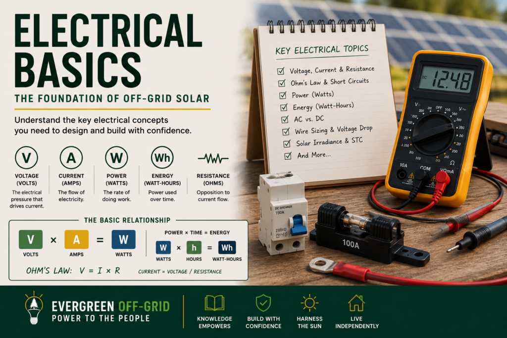 Infographic titled Electrical Basics: The Foundation of Off-Grid Solar, showing voltage/current/power/energy icons, Ohm's law, a notebook of topics, a digital multimeter, and solar panels in the background.