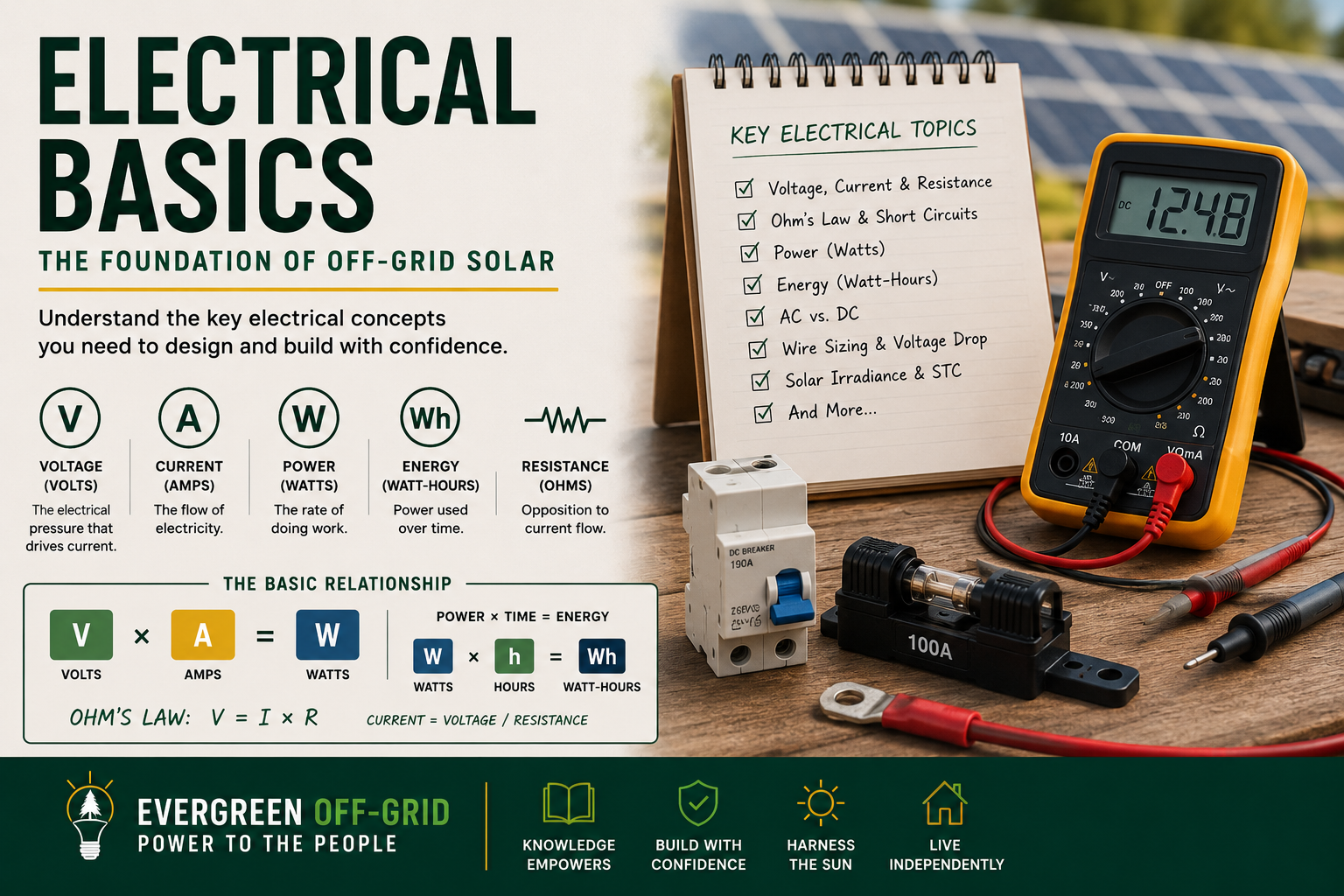 Infographic titled Electrical Basics: The Foundation of Off-Grid Solar, showing voltage/current/power/energy icons, Ohm's law, a notebook of topics, a digital multimeter, and solar panels in the background.