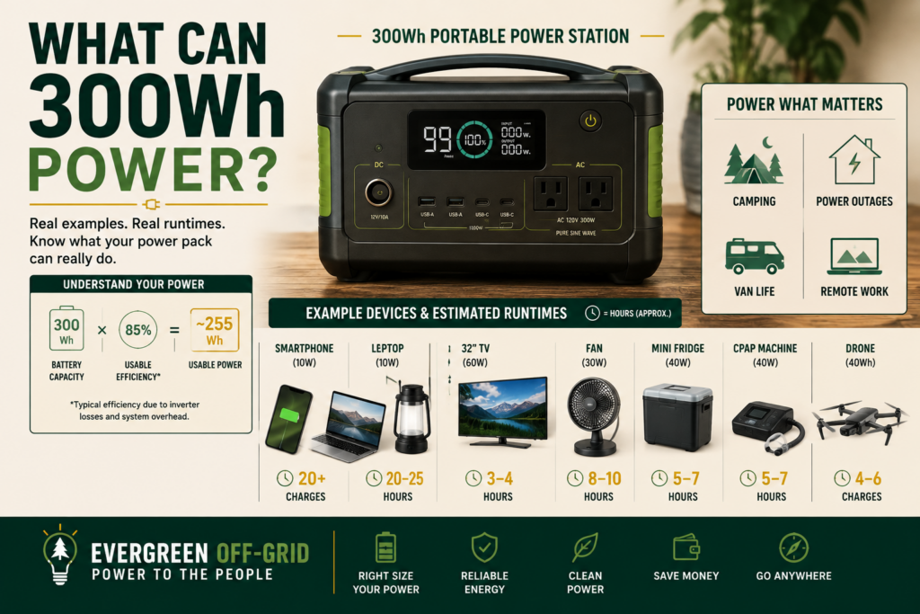 Infographic showing a 300Wh portable power station with example devices and usage figures; left text asks what it can power; right panel shows power icons.