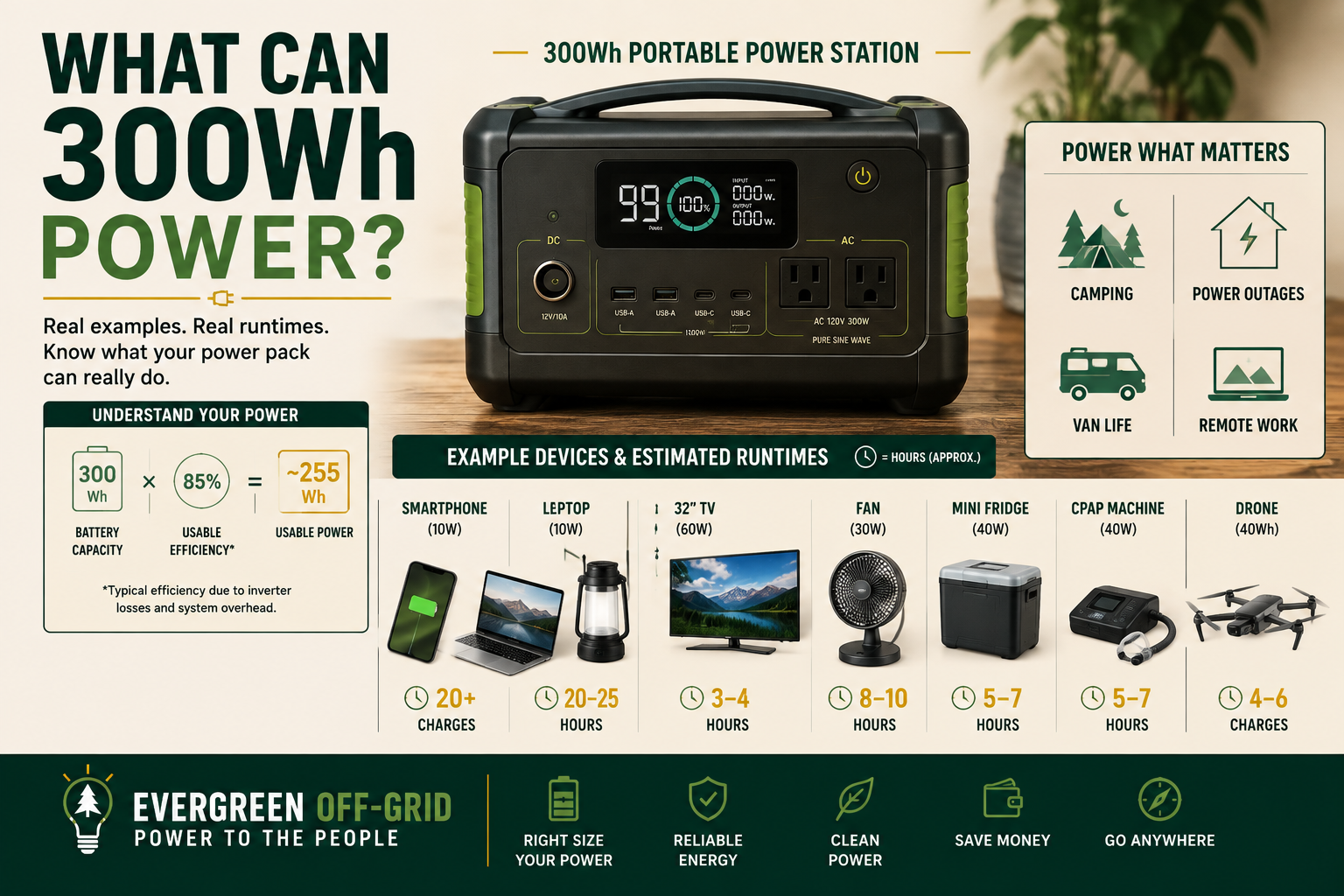 Infographic showing a 300Wh portable power station with example devices and usage figures; left text asks what it can power; right panel shows power icons.