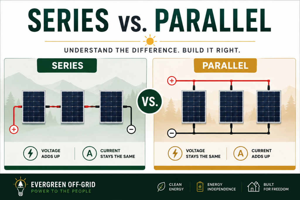 Infographic comparing series vs parallel solar panel wiring for a home power system with three panels in each setup and labels Series and Parallel.
