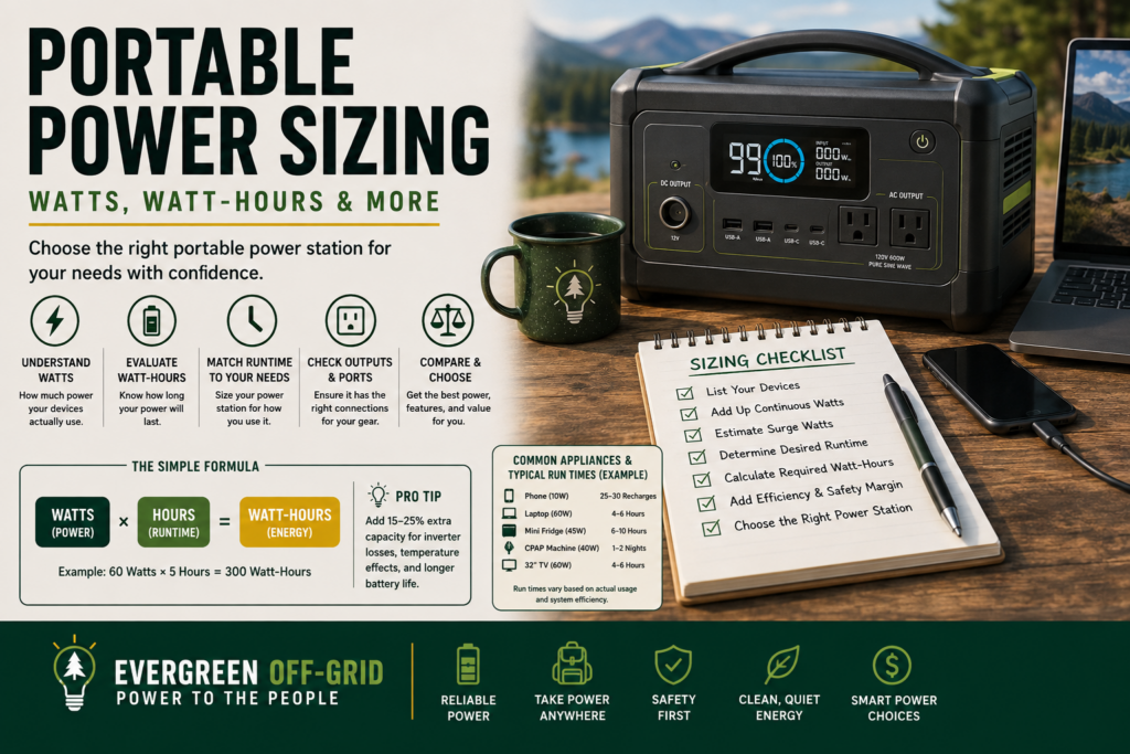 Infographic about portable power sizing showing watts and watt-hours, five icons for understanding, evaluating, matching runtime, checking outputs, and comparing, plus a sizing checklist beside a portable power station.
