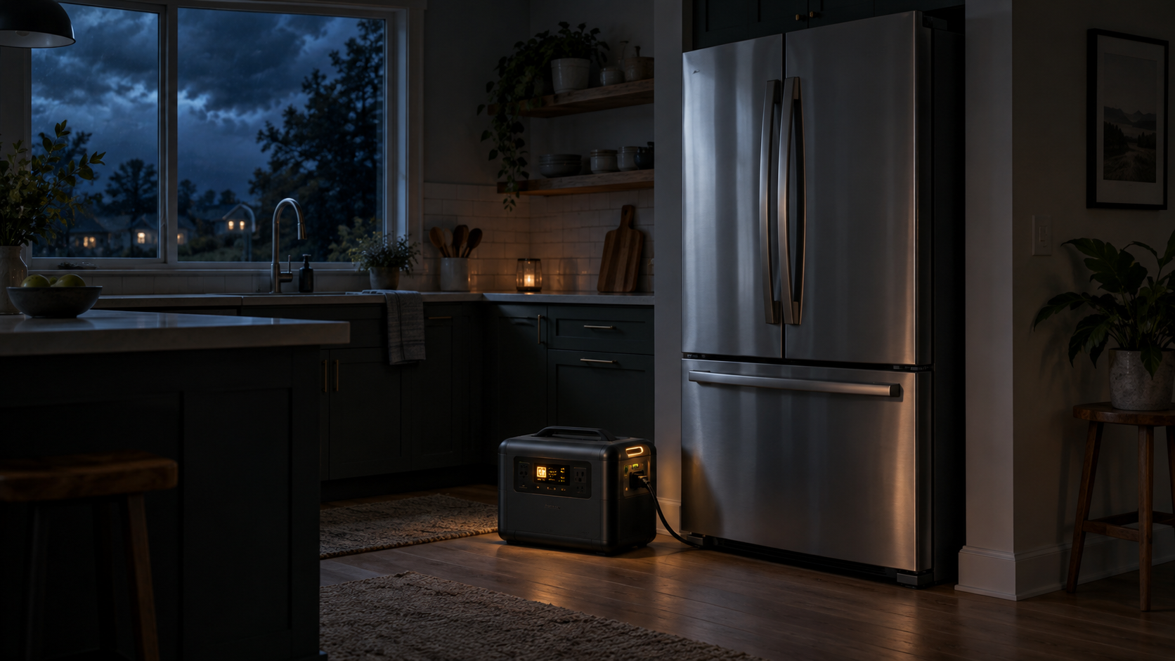 Portable power station powering a refrigerator during a nighttime outage.